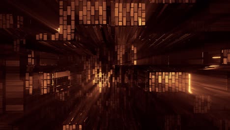 VJ-Loop---Falling-Through-a-Glitching-Digital-Environment-With-Orange-Golden-Light-Shining-Through-Intermittent-Grid-Structures