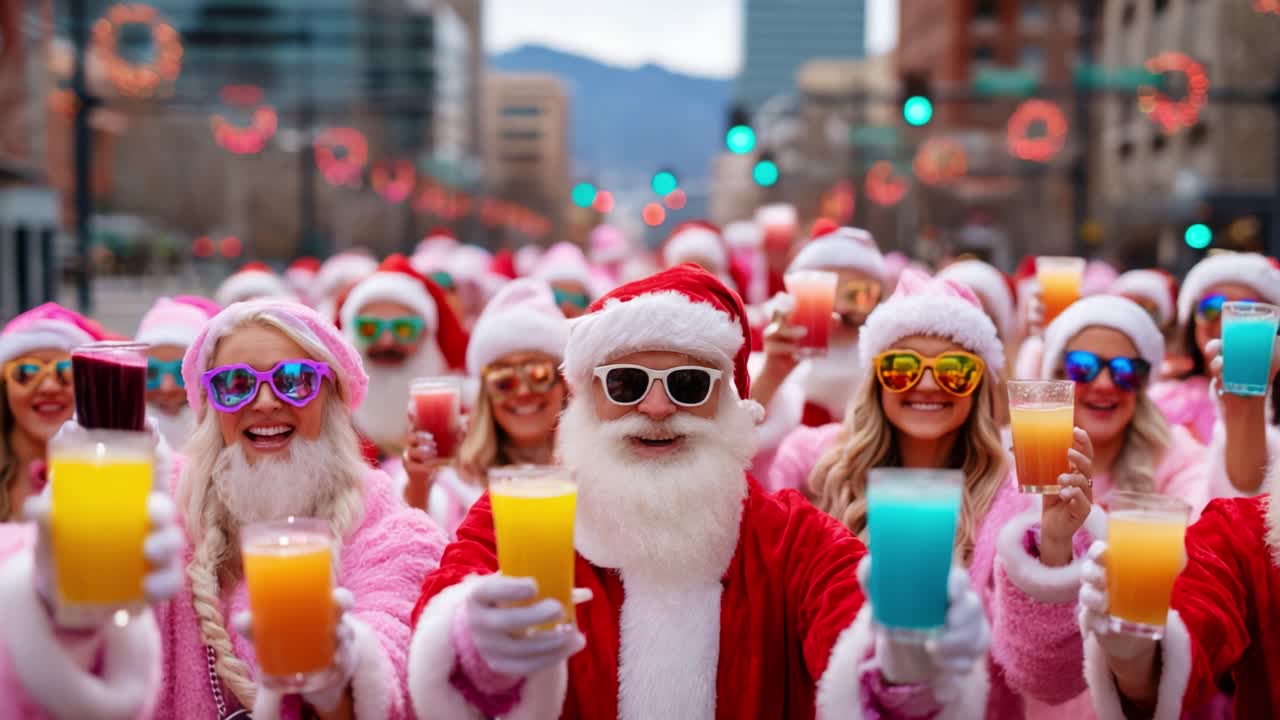 A Festive Gathering of Joyous Holiday Revelers Dressed in Cheerful Santa and Holiday Attire, Raising Colorful Drinks in Celebration of the Season Amid a Lively Urban Setting with Decorative Lights