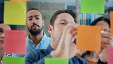 imágenes de video de 4k de un grupo de hombres de negocios discutiendo ideas en notas adhesivas