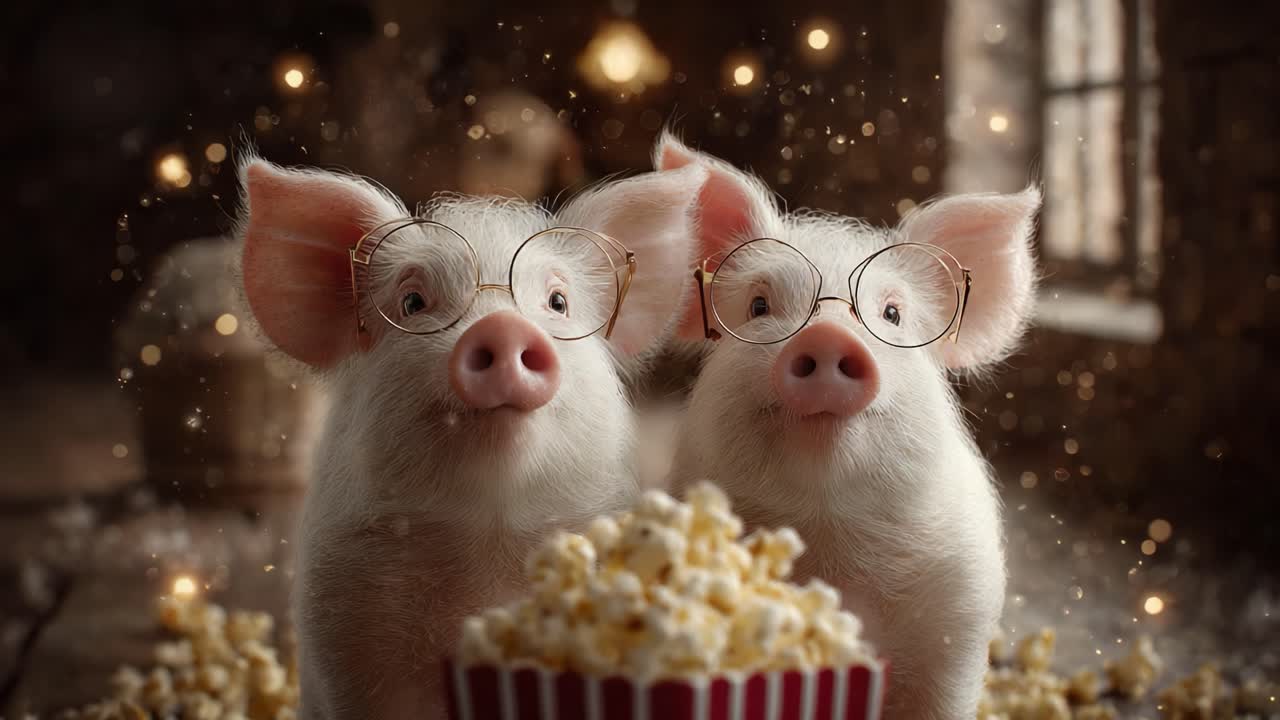 Two Adorable Pigs with Glasses Enjoying Popcorn in a Cozy Atmosphere, Capturing a Whimsical Moment Filled with Fun and Laughter