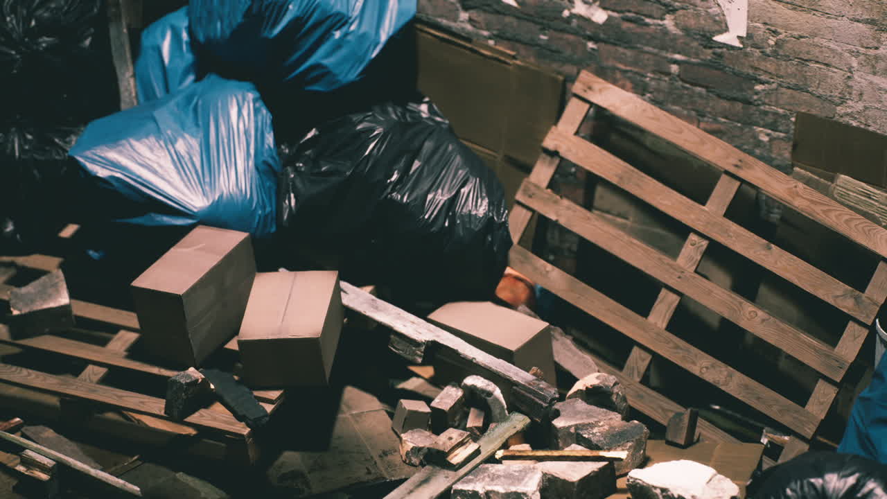 Discarded waste and debris in a cluttered alleyway during daylight hours