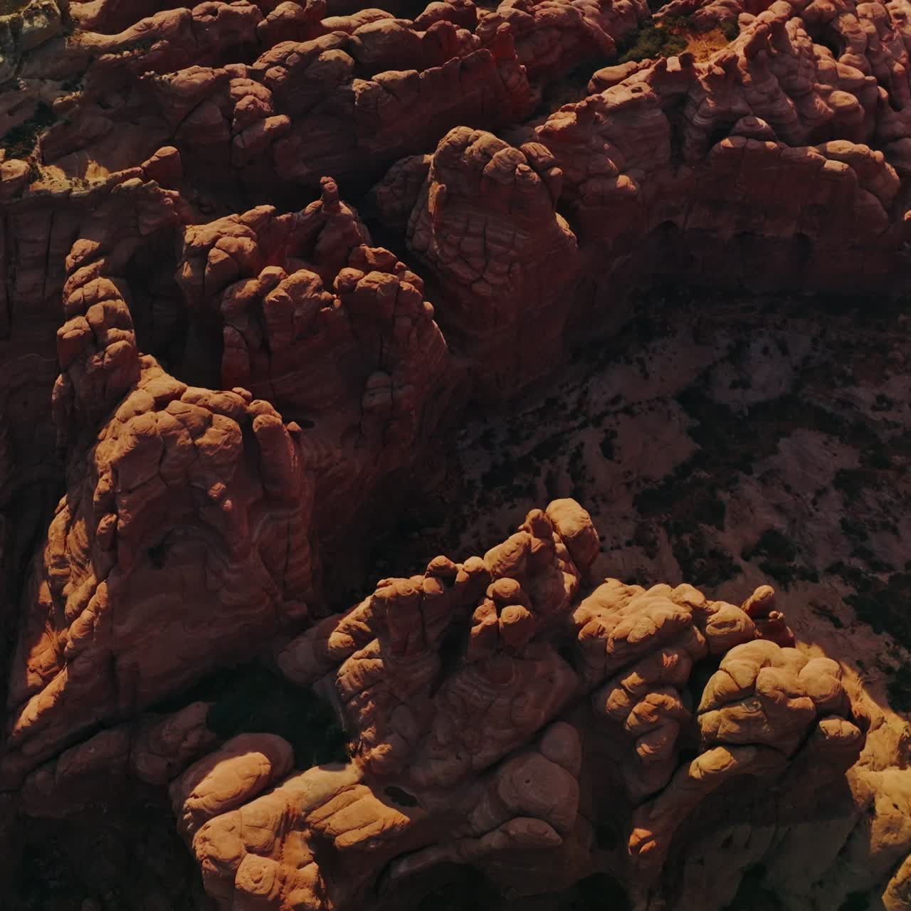 Amazing weird-shaped tops of canyons. Impressive rocks of Arches National park in Utah, USA on sunny daytime