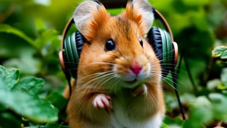 a hamster wearing headphones sitting in the grass