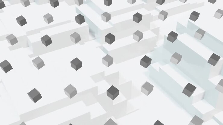 Rows of grey cubes moving over 3d white blocks
