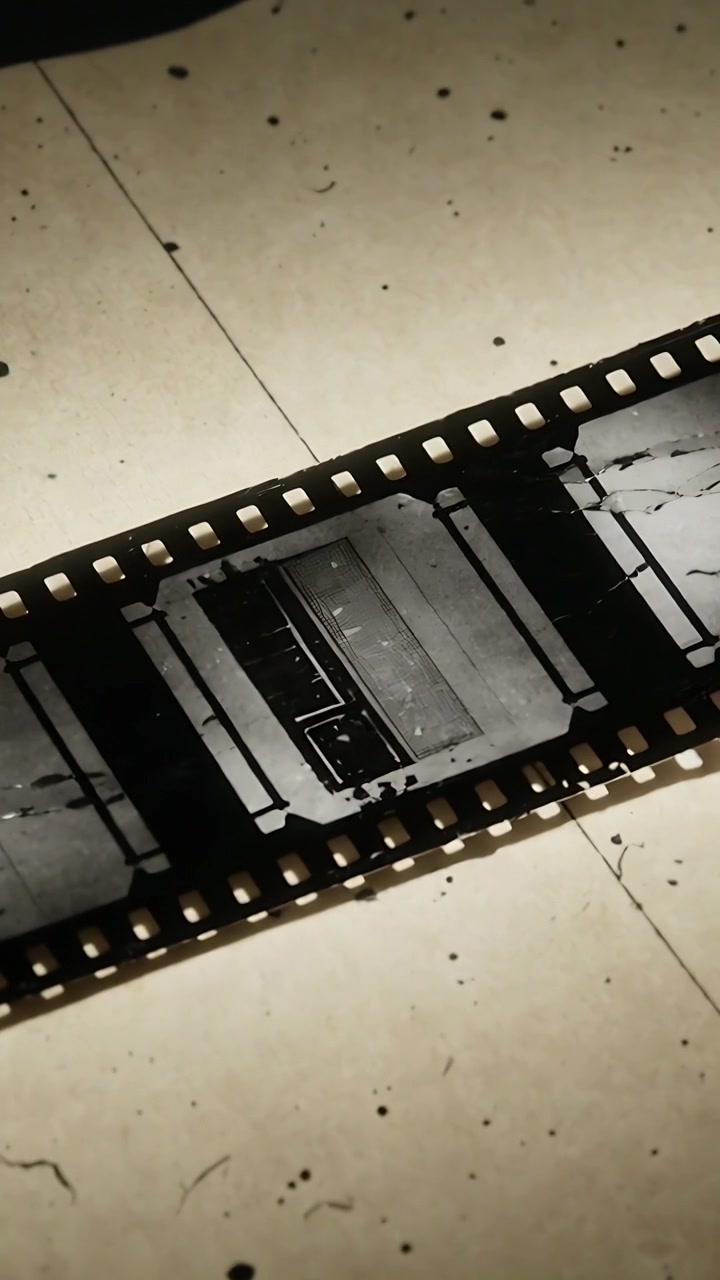 Verticale video: Panoramische camerabeweging onthult een 35mm filmstrook die draait op een lichtbak met beelden en stof.