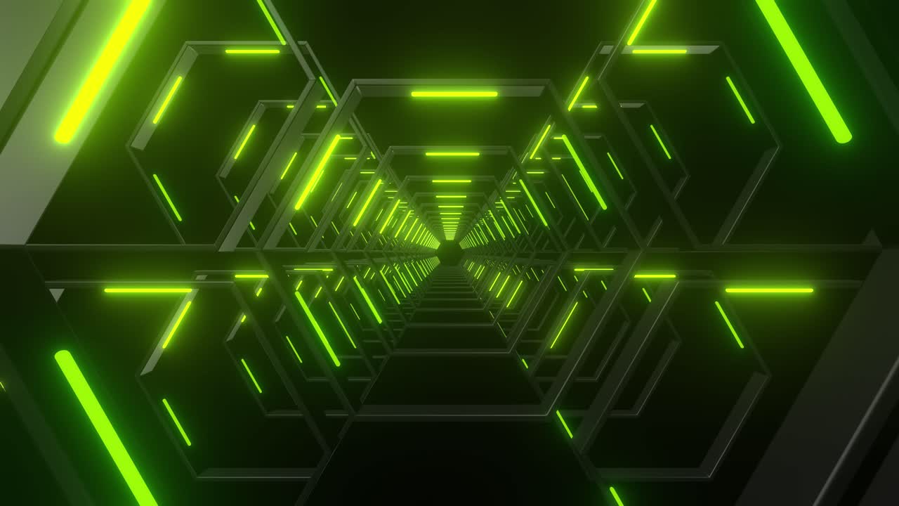 Abstract Futuristic Hexagonal Tunnel with Neon Green Light