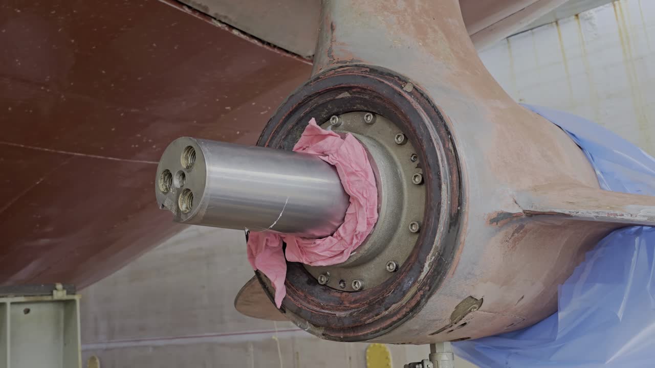 Ship thruster under maintenance in drydock with propeller removed, revealing stainless steel shaft