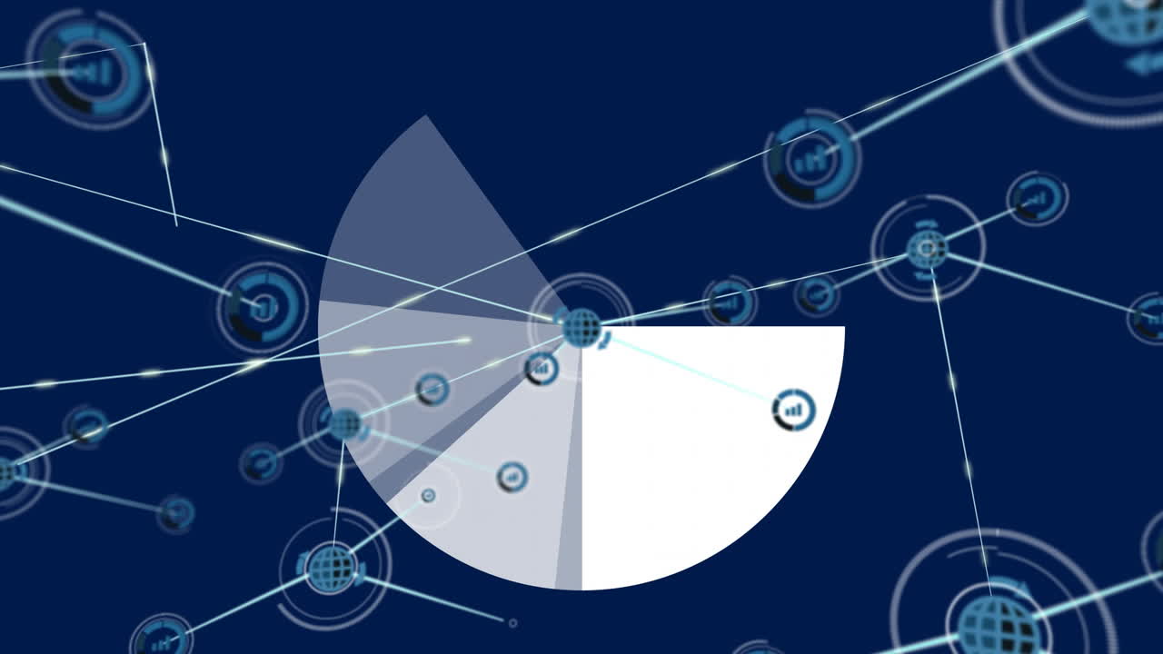animación de la red de conexiones con iconos sobre el gráfico circular