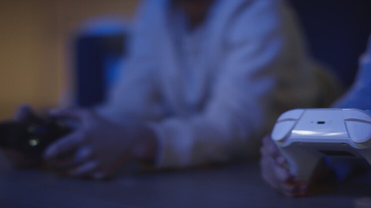 Primo piano di due giovani ragazzi a casa che giocano con una console di videogiochi alla TV, tenendo i controller a tarda notte