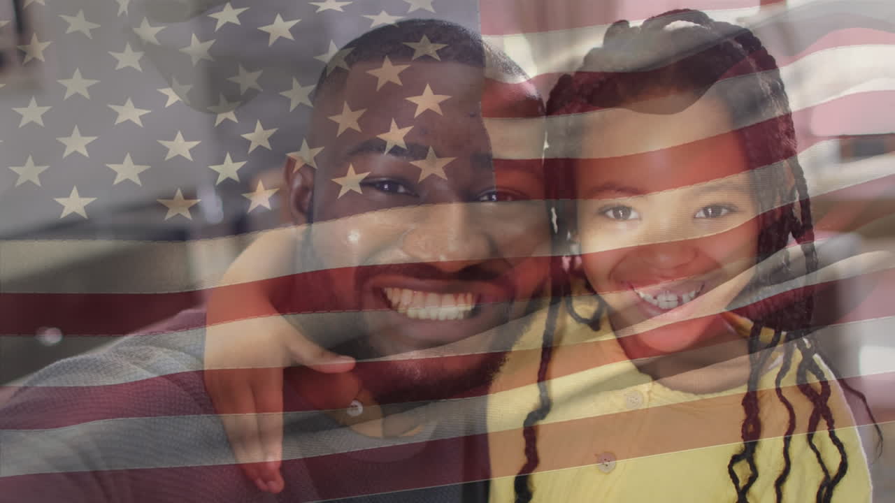 아프리카 아메리카 아메리카 남성과 그의 딸 위에 미국 국기의 애니메이션
