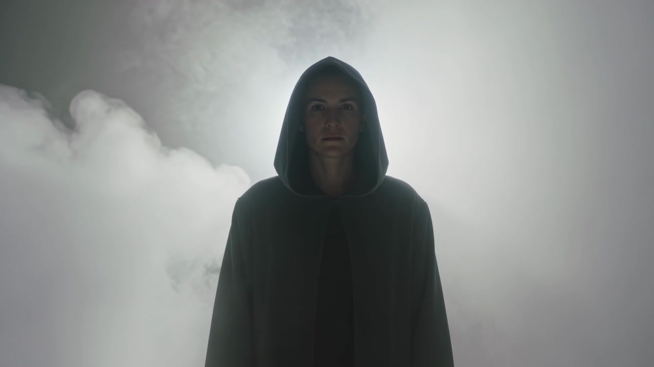 Figura ammantata in piedi che emerge in uno studio, con lo sguardo mentre l'esposizione cambia con alone e nebbia.