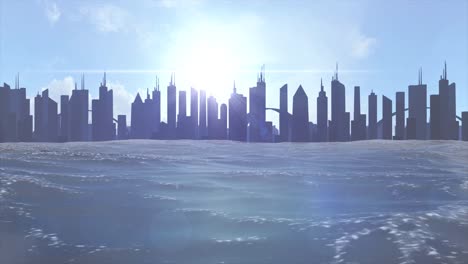 cityscape skyline ocean rising sea level silhouette skyscraper future climate 4k