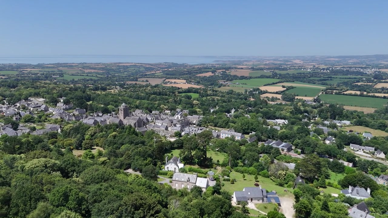 Long shot of Locronan medieval village Brittany France Drone Aerial View