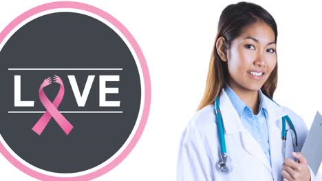 animation of pink breast cancer ribbon logo with love text over smiling female doctor