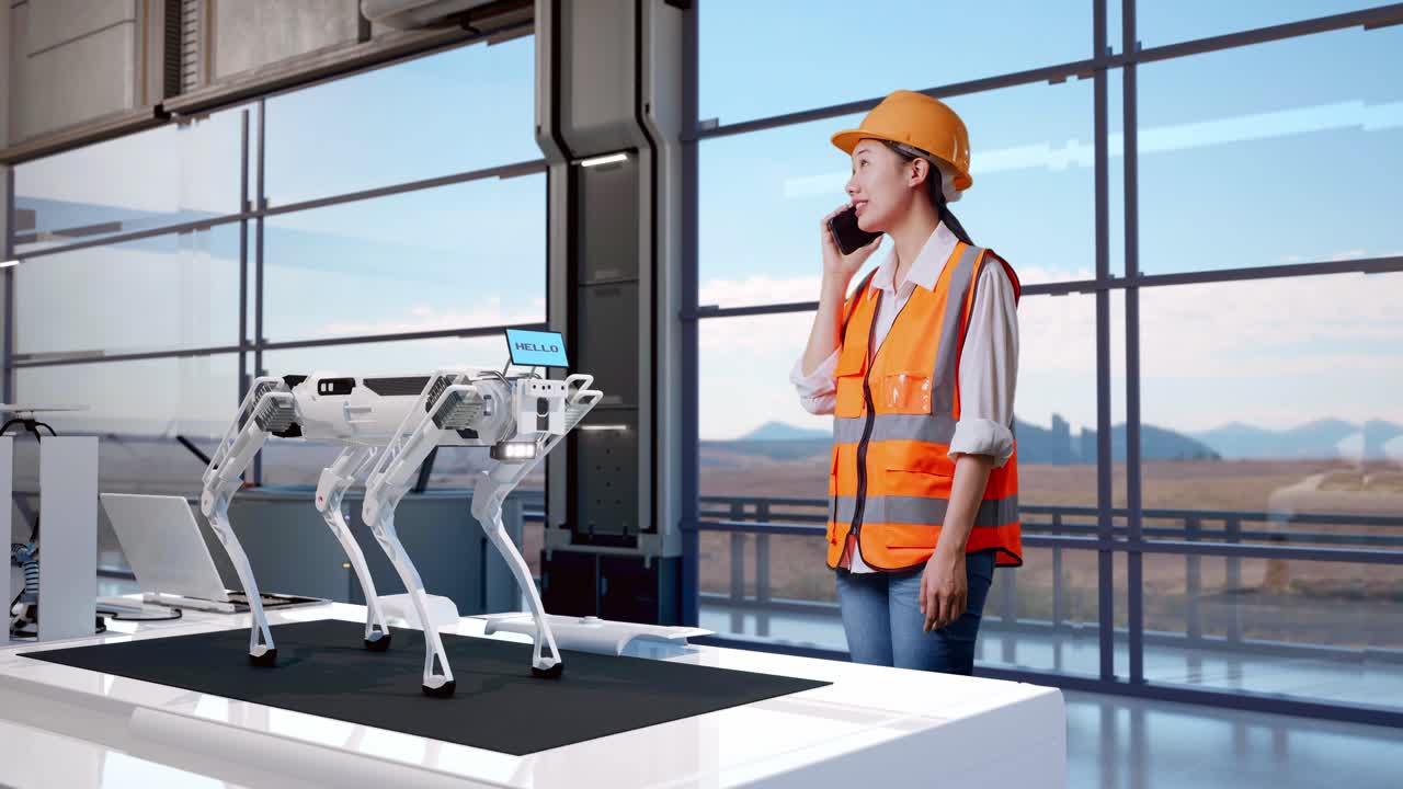 vista lateral completa del cuerpo de una ingeniera asiática con casco de seguridad hablando en teléfono inteligente mientras está de pie en una fábrica de alta tecnología, analizando el concepto de máquina robótica