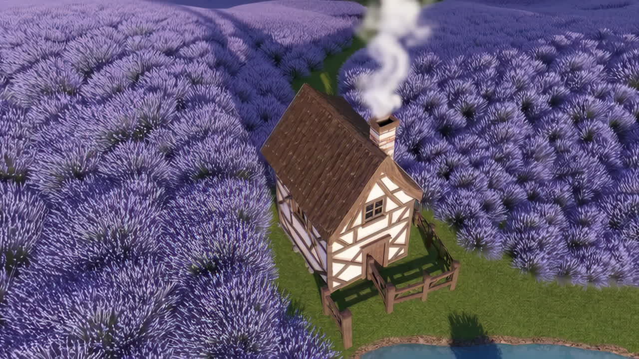A charming cottage nestled in a vast lavender field at sunset