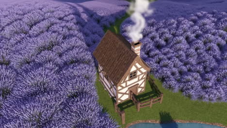 a charming cottage nestled in a vast lavender field at sunset