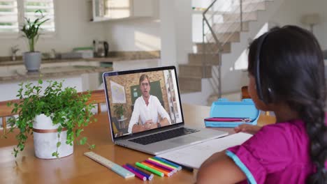 Niña-Afroamericana-Haciendo-La-Tarea-Mientras-Hace-Una-Videollamada-Con-Un-Maestro-En-Una-Computadora-Portátil-En-Casa