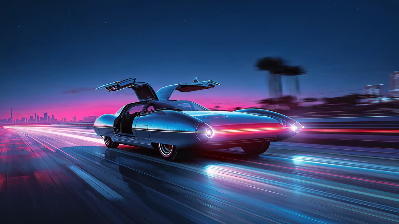Gliding sleek gullwing car moving along night road, doors opening, taillight glowing and neon glow