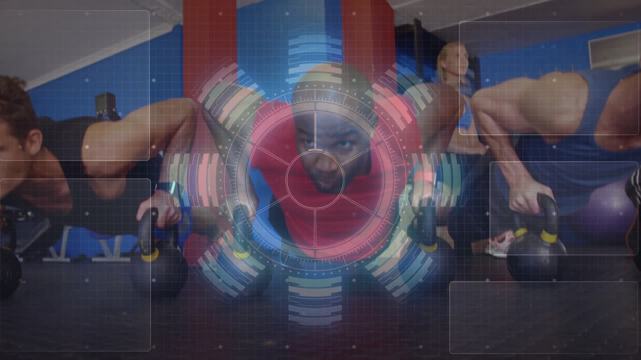 On instructor cue, center participant leading kettlebell push-ups for fitness, HUD aligning