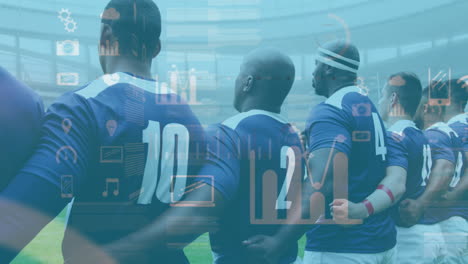 animation of statistics and icons over rugby players
