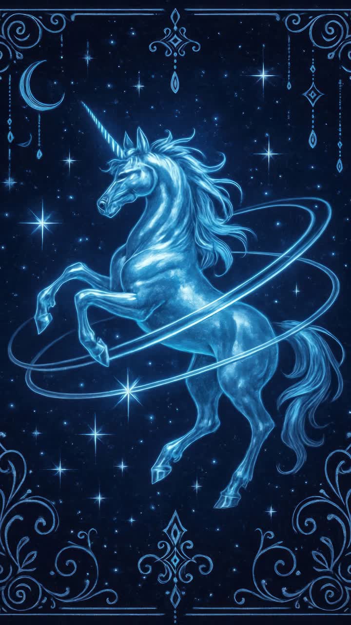 A mystical unicorn with glowing rings in a starry night sky. The side angle captures its ethereal