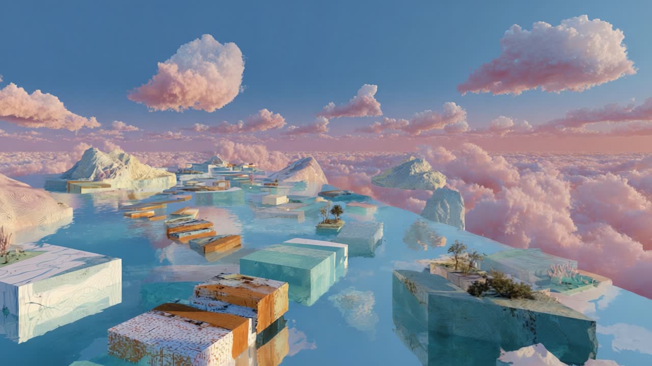 A Serene Dreamscape: Floating Geometric Blocks Amidst Ethereal Clouds and Reflections in a Tranquil Water Surface, Creating a Stunning Visual Harmony of Nature and Abstract Artistry