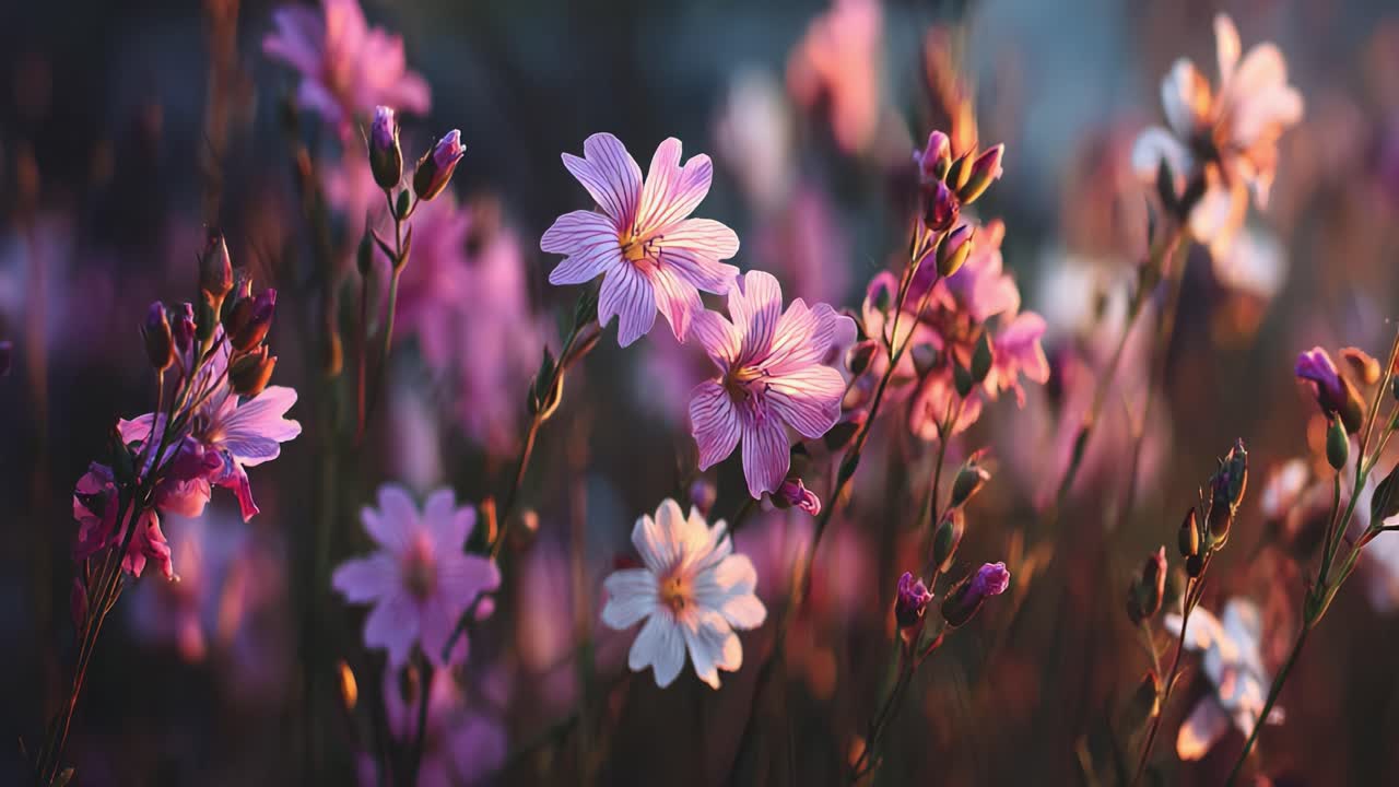 Vibrant Field of Wildflowers at Sunset: A Lush Display of Colorful Blooms Against a Gentle Evening Light, Capturing the Beauty of Nature's Seasonal Transition