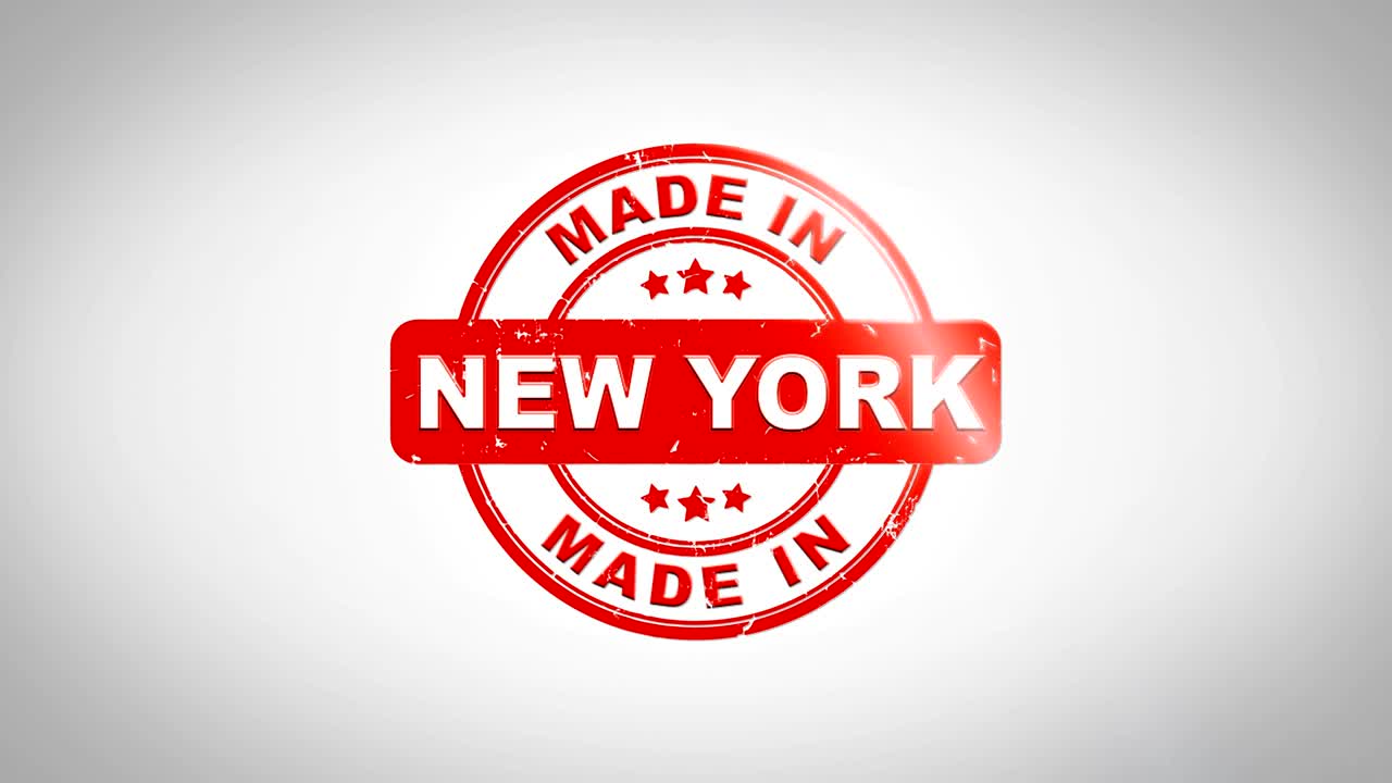 Made In NEW YORK  Signed Stamping Text Wooden Stamp Animation. Red Ink on Clean White Paper Surface Background with Green matte Background Included.