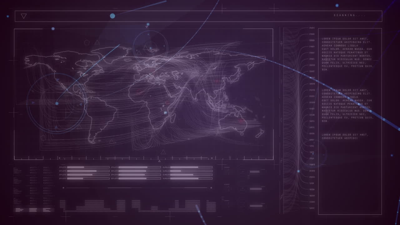 Animation of connections and data processing on digital screen with world map