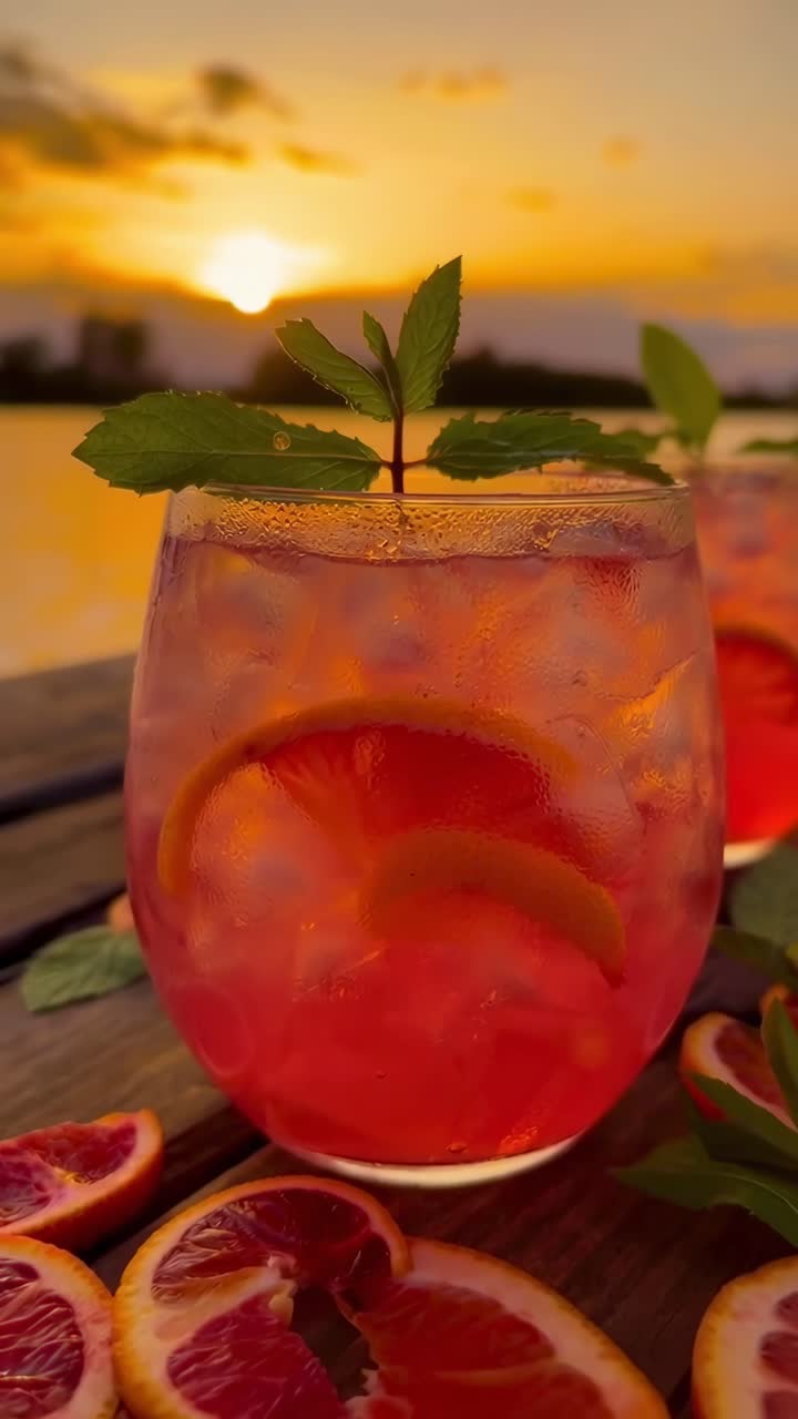 Video ravvicinato di una rinfrescante bevanda agli agrumi al tramonto, che cattura colori e texture vivaci