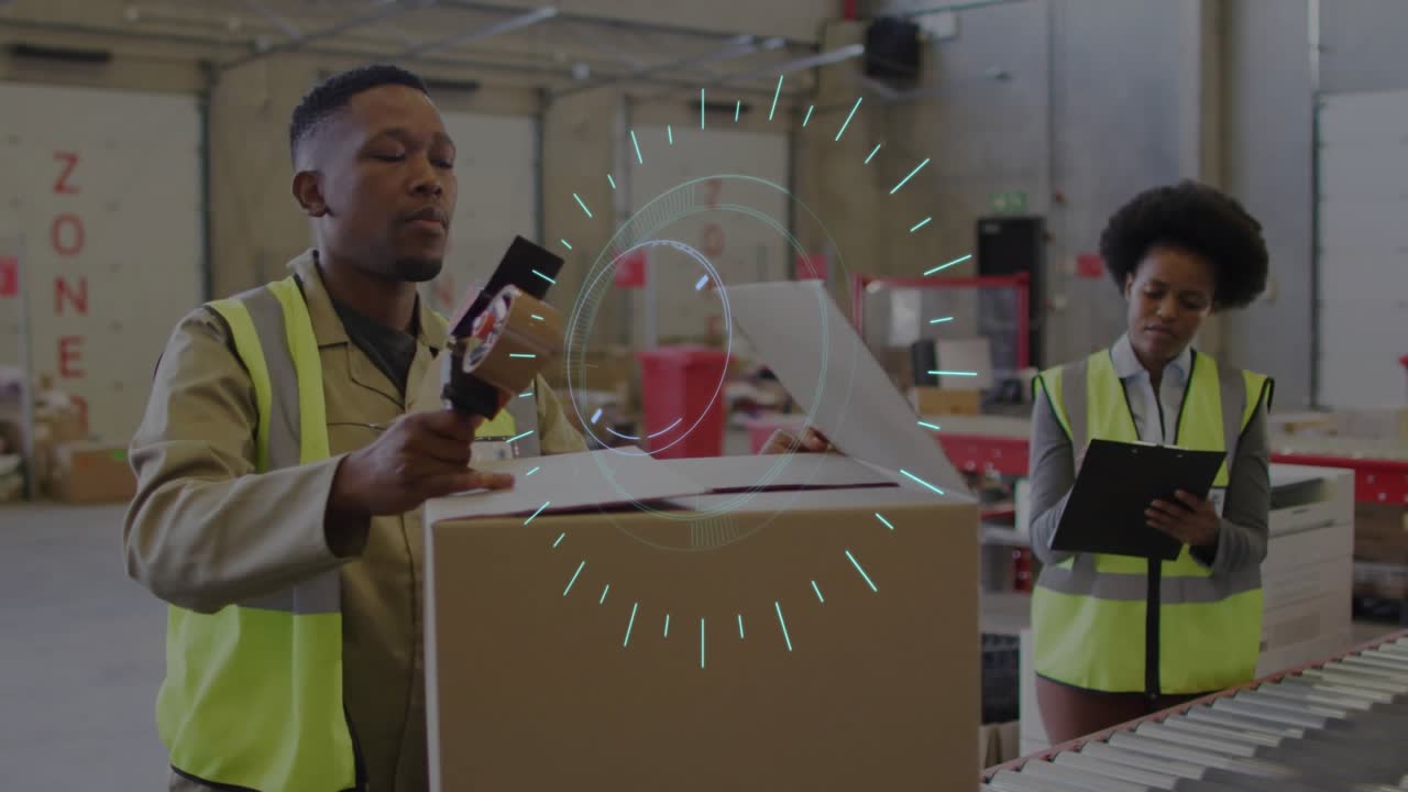 Holographic clock pulsing, man packing box with tape gun while woman checking tablet for logistics