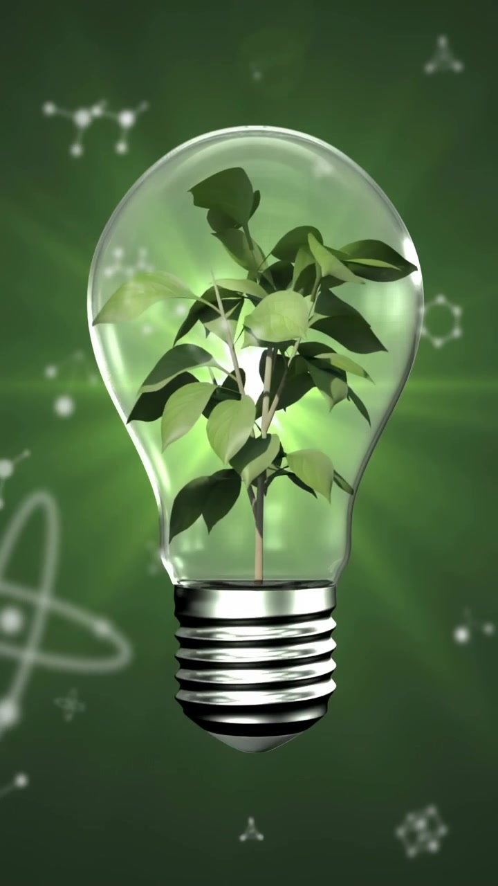 Video vertical: Brote emergiendo de un bulbo creciendo dentro de moléculas luminosas mostrando energía verde.