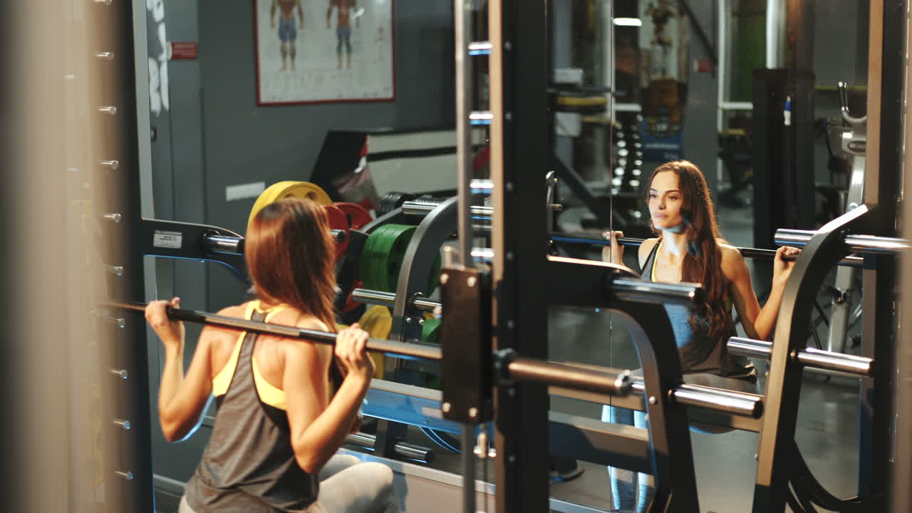 Young beautiful woman in a gym doing sit-ups with a bar in front of a mirror. Women's Athletics