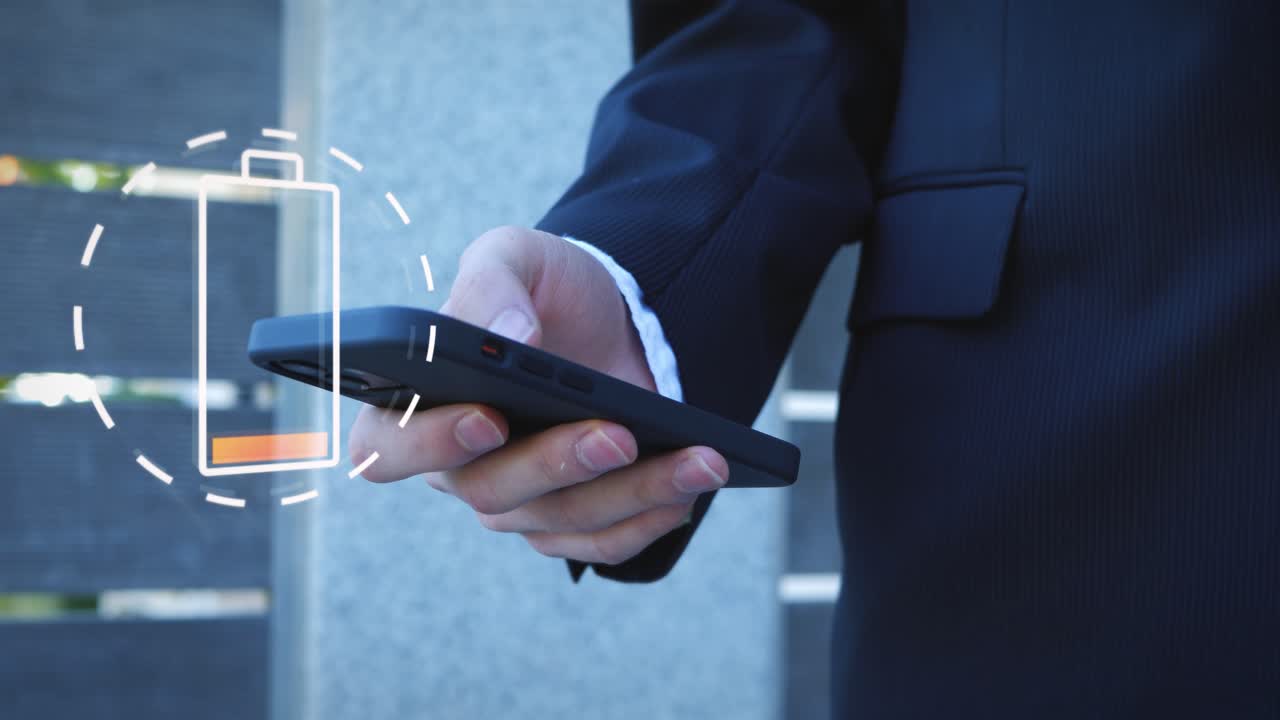 у смартфона бизнесмена в черном костюме низкий заряд батареи