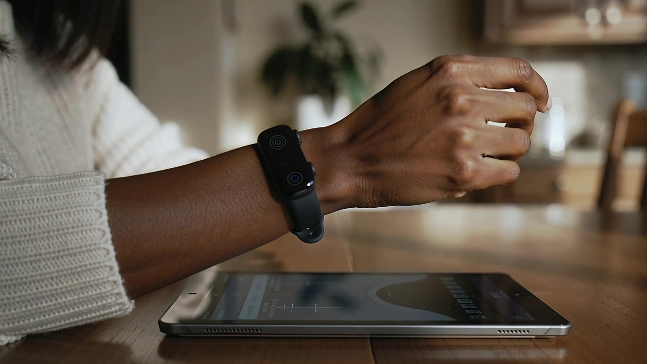 Hovering hand above tablet rotating wrist lifting watch to show face on home table cream sleeve