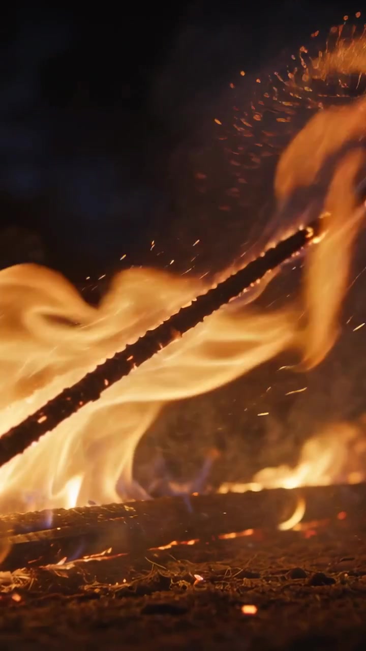Video verticale: Braci che accendono un bastoncino nel focolare, con fiamme che si attorcigliano e scintille che salgono.