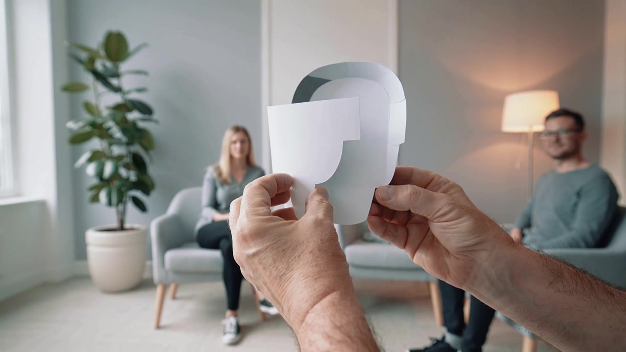 Bringer udklip ind i terapirum, hænder tester pasform på et større stykke, par i grønt og turkis ser på.