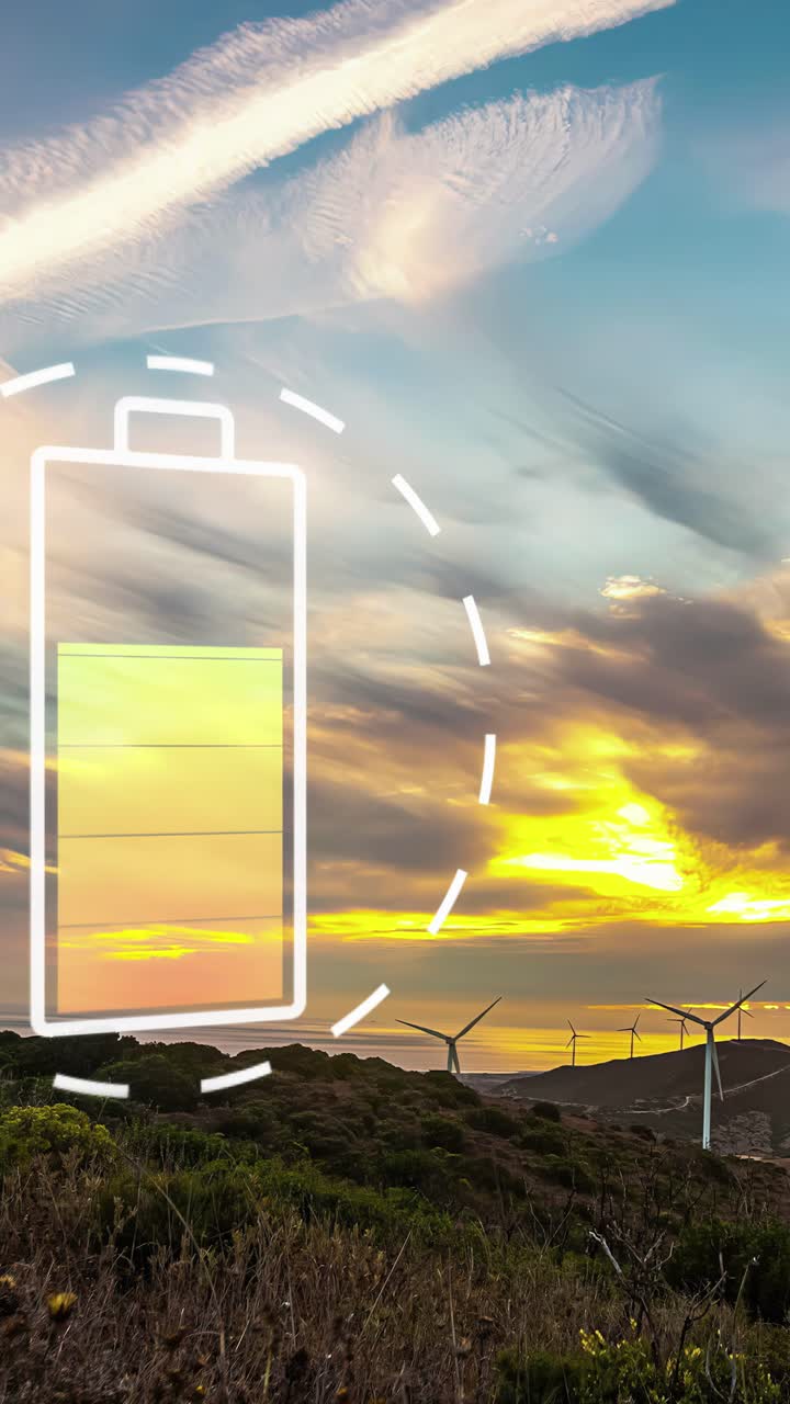 배터리 충전 아이콘과 함께 신재생 에너지 일몰