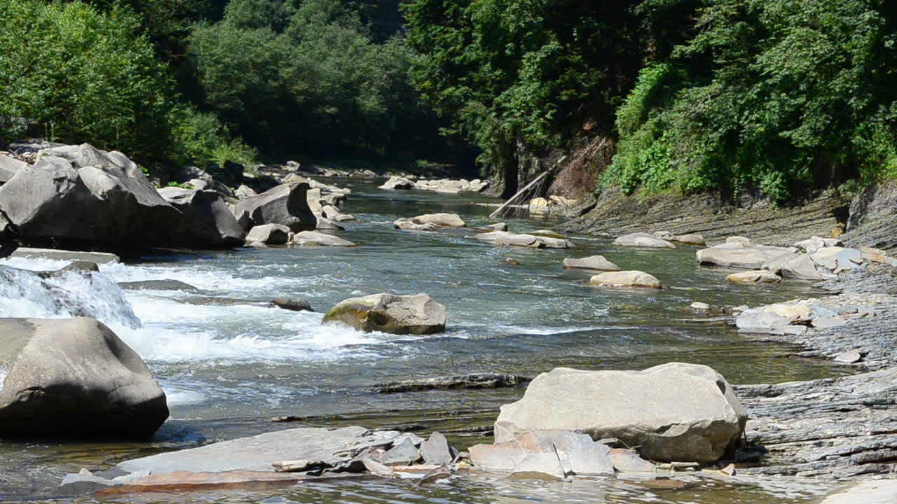 Paesaggio montano e fiume. Acqua e pietre nel fiume di montagna.