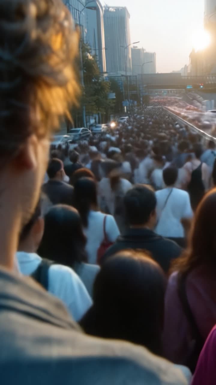 Uma Noite Urbana Agitada: Multidões de Passageiros Lotando as Ruas ao Pôr do Sol, Capturada em Dois Quadros Exibindo a Agitação da Vida na Cidade.
