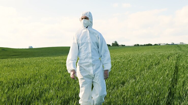 Caucasian researcher man in white protective suit and goggles walking in the green field while doing pest control