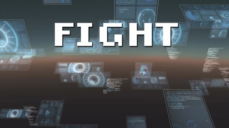 Animation of fight in digital abstract space with screens
