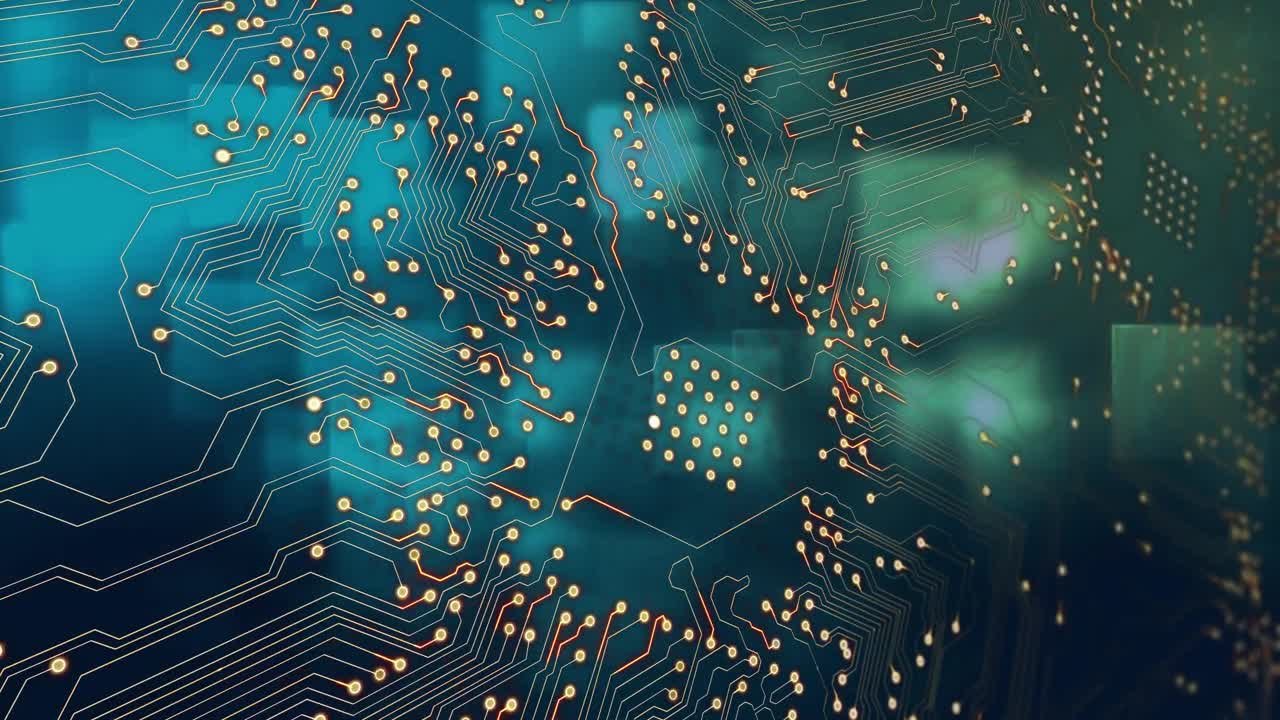 블루와 그린 배경에 사각형으로 집적 회로의 애니메이션