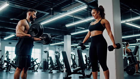 couple working out with dumbbells in gym