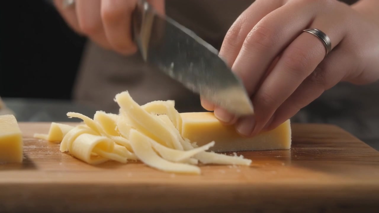 Persona che affetta formaggio su un tagliere di legno.