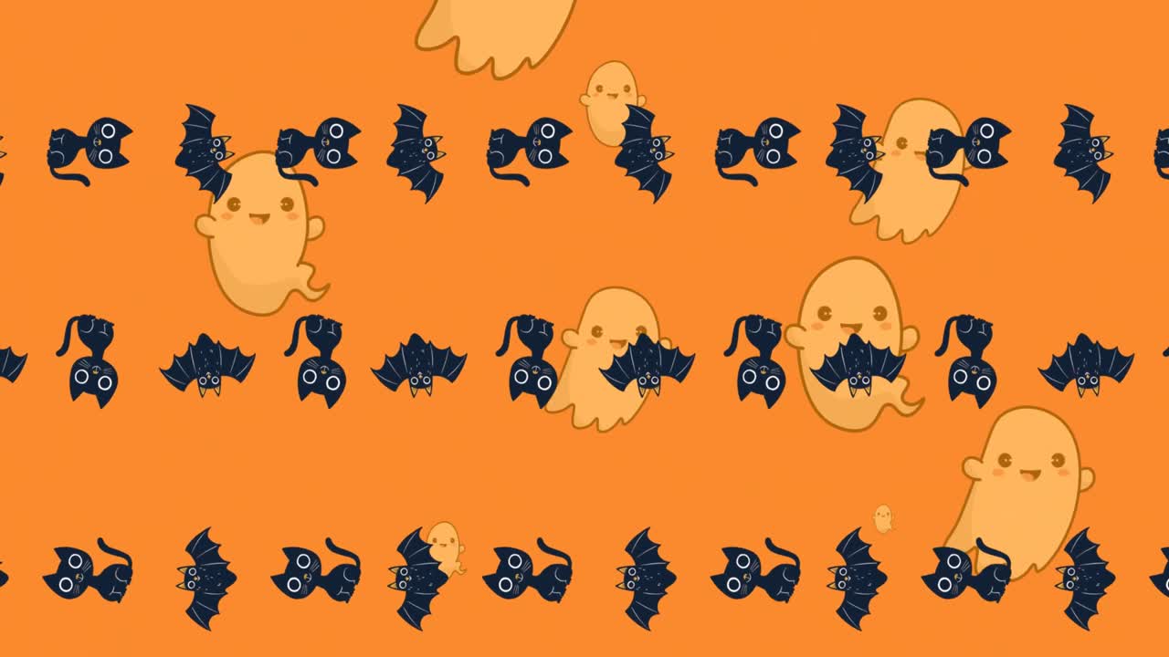 Animation of halloween ghost, cat and cat pattern on orange background
