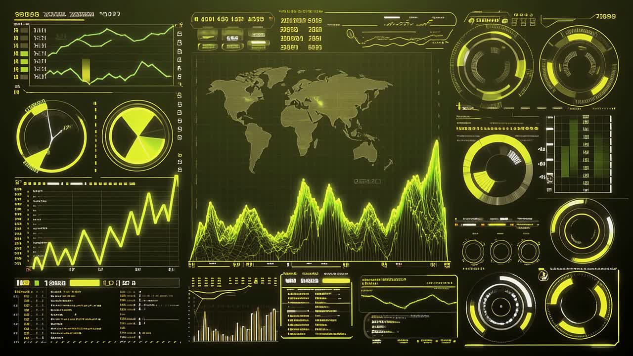 Futuristic Digital Interface with Data Visualization and World Map