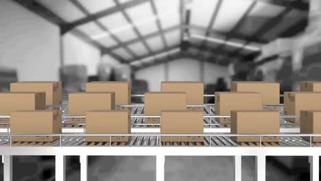 Animation-of-cardboard-boxes-moving-on-conveyor-belts-in-warehouse