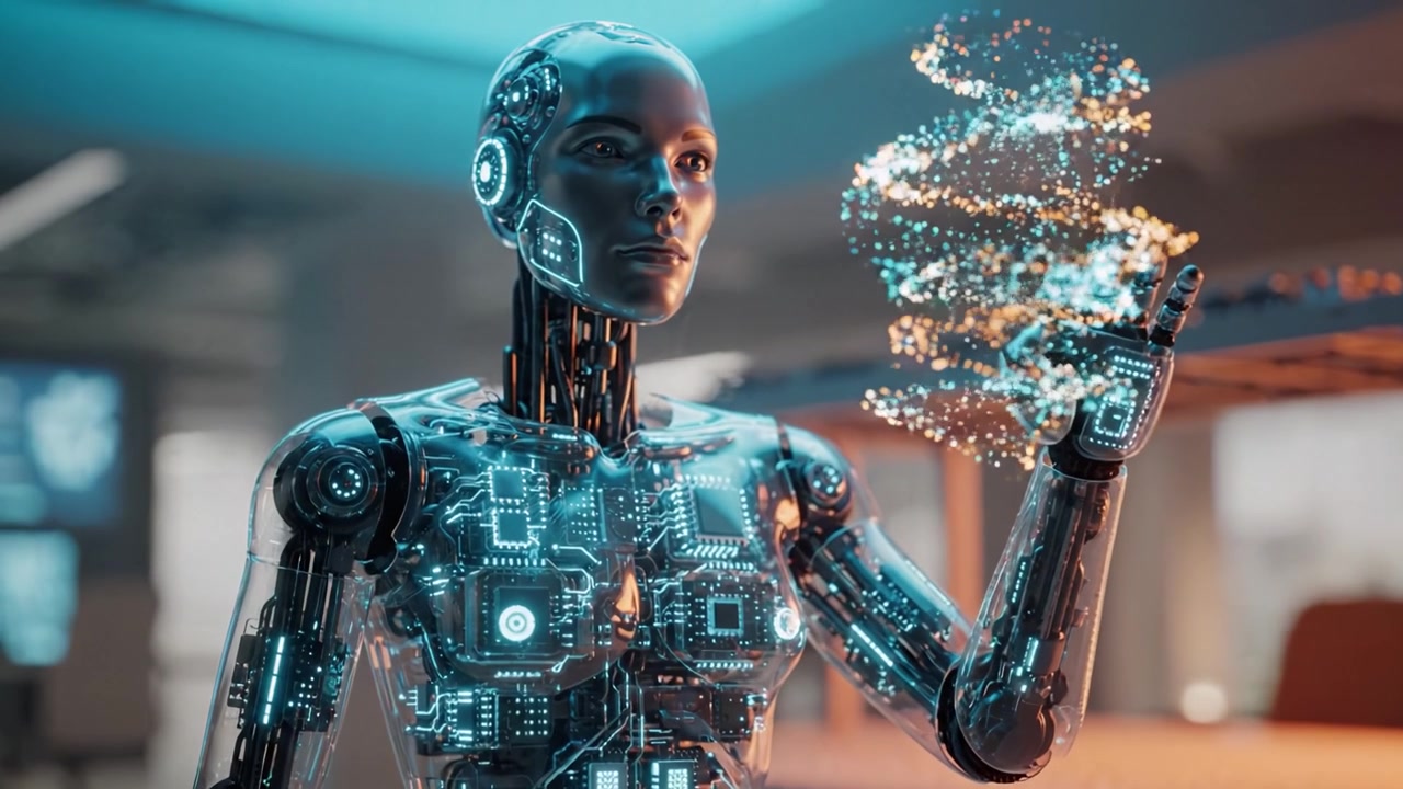 Futuristic humanoid robot with advanced circuitry and holographic interfaces standing in a modern environment, showcasing cutting-edge technology and design.